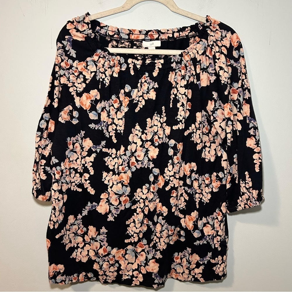 J. Jill Navy Blue & Pink Floral Jersey 3/4 Sleeve Blouse Size Large